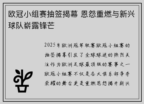 欧冠小组赛抽签揭幕 恩怨重燃与新兴球队崭露锋芒
